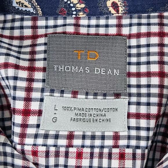 Thomas Dean Large Casual Shirt Paisley Flip Cuffs Red White Blue Plaid Cotton - Picture 3 of 5